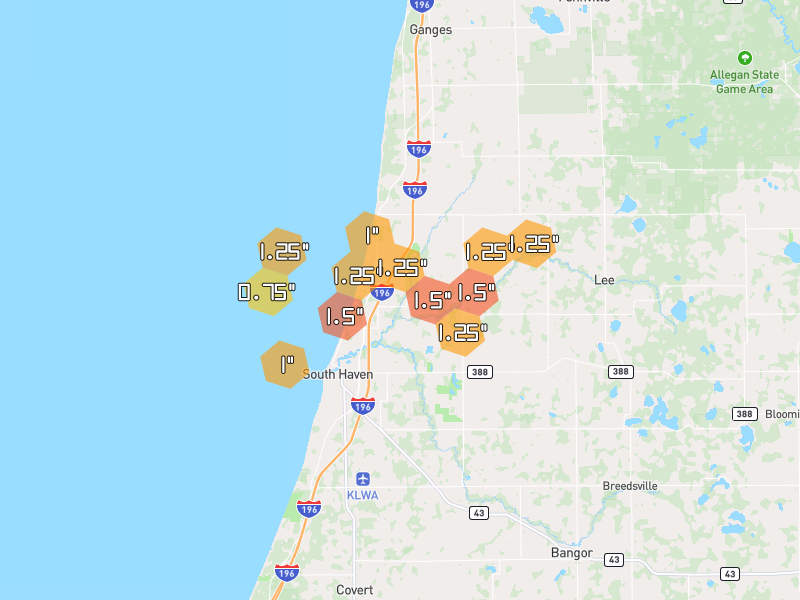 Hail map of South Haven, MI on Jul 3, 2026, hail up to 1.5"