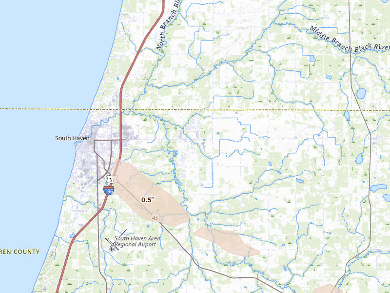 Radar-estimated hail-size map of the storm over South Haven, MI on Jul 26, 2026
