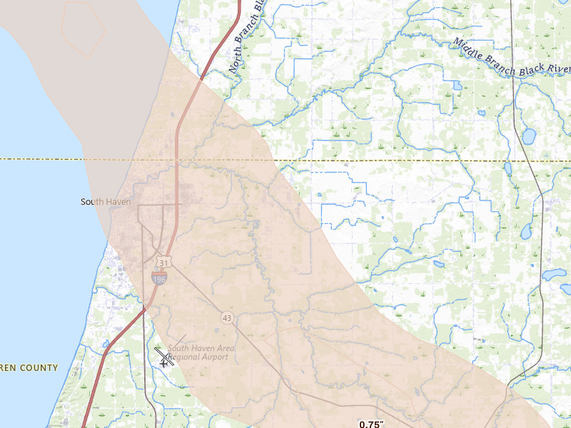 Radar-estimated hail-size map of the storm over South Haven, MI on Jul 27, 2026