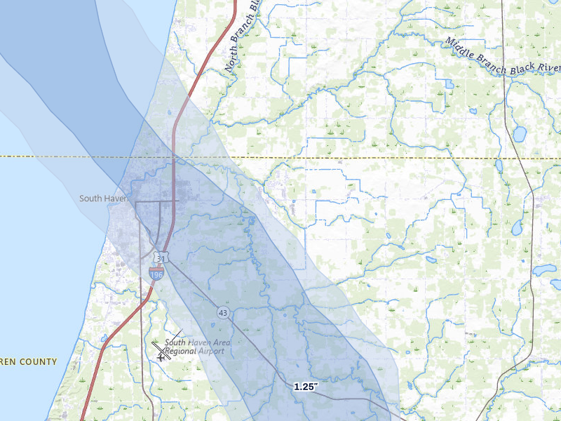 NEXRAD radar-signature map of the hail storm over South Haven, MI on Jul 27, 2026