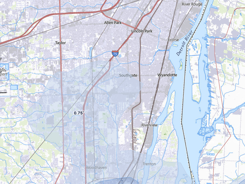 NEXRAD radar-signature map of the hail storm over Southgate, MI on Jul 3, 2026