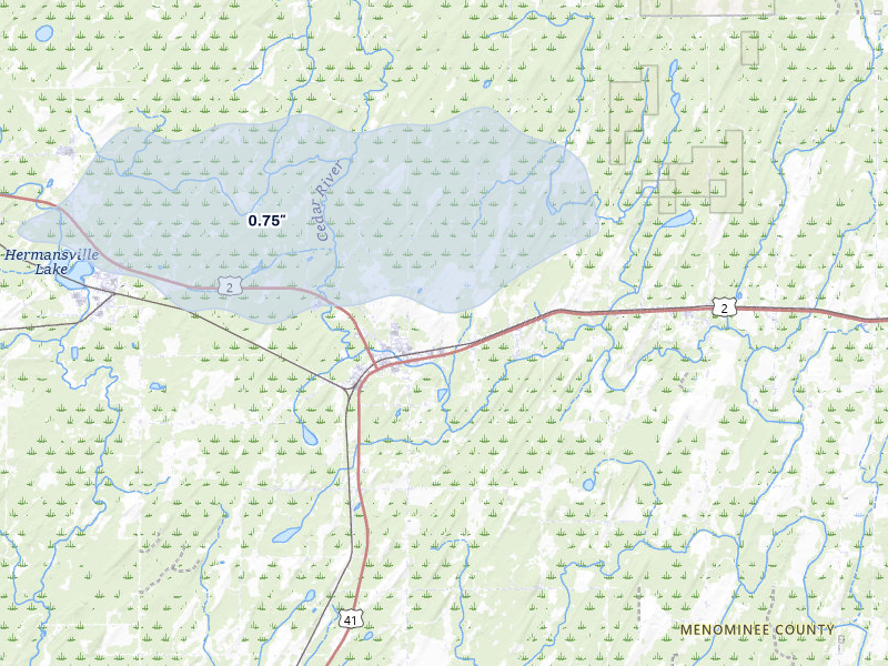 NEXRAD radar-signature map of the hail storm over Spalding, MI on Jul 8, 2026