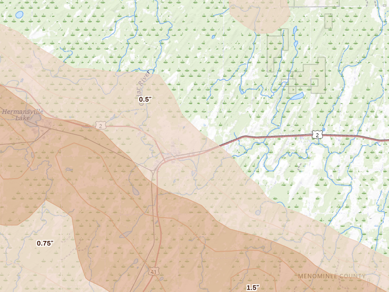 Radar-estimated hail-size map of the storm over Spalding, MI on Jul 20, 2026