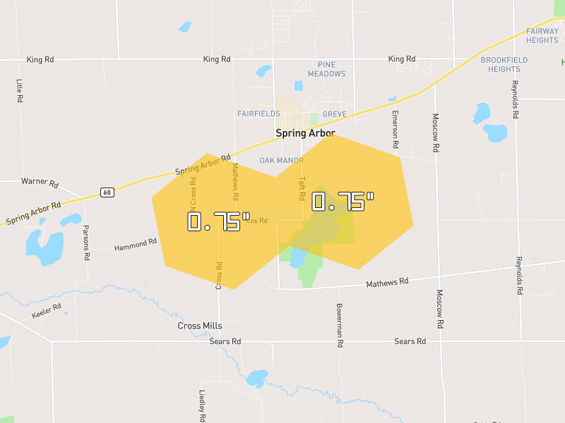 Hail map of Spring Arbor, MI on Jul 3, 2026, hail up to 0.75"