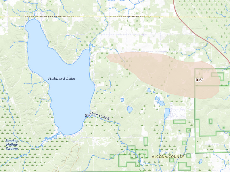 Radar-estimated hail-size map of the storm over Spruce, MI on Jul 27, 2026