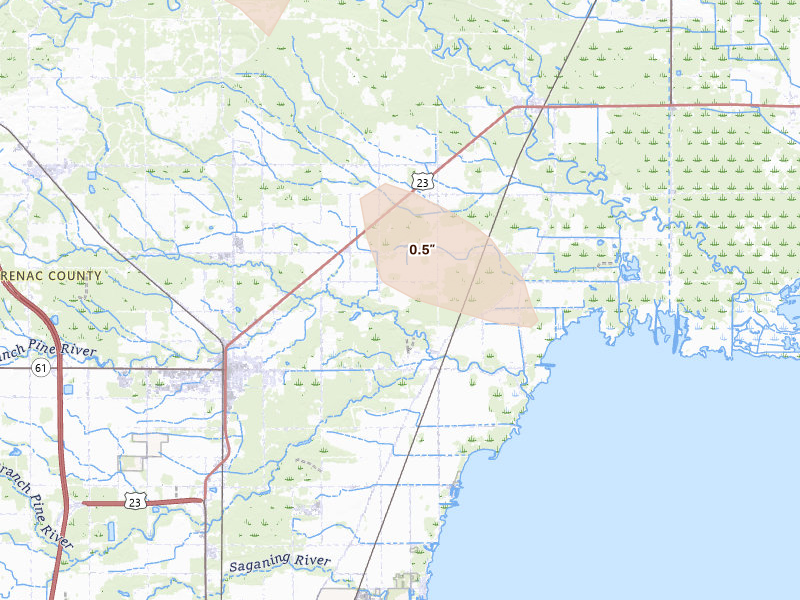 Radar-estimated hail-size map of the storm over Standish, MI on Jun 20, 2026
