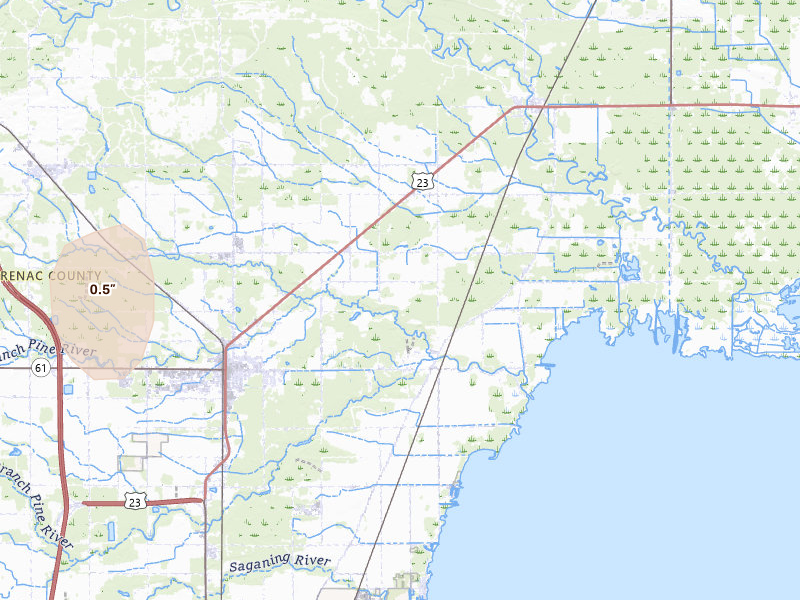 Radar-estimated hail-size map of the storm over Standish, MI on Jul 1, 2026