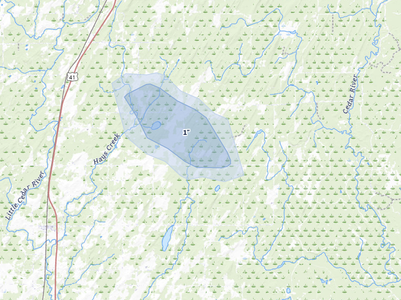 NEXRAD radar-signature map of the hail storm over Stephenson, MI on Jul 30, 2026