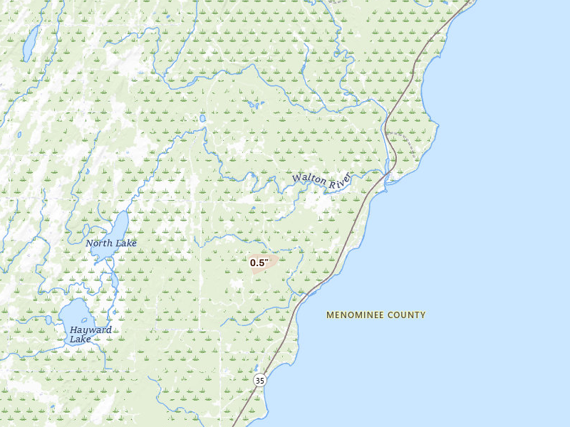 Radar-estimated hail-size map of the storm over Stephenson, MI on Aug 18, 2026