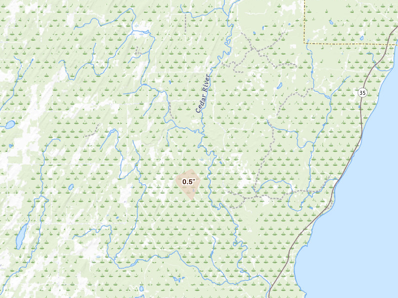 Radar-estimated hail-size map of the storm over Stephenson, MI on Aug 22, 2026