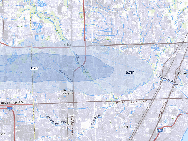 NEXRAD radar-signature map of the hail storm over Sterling Heights, MI on May 15, 2026