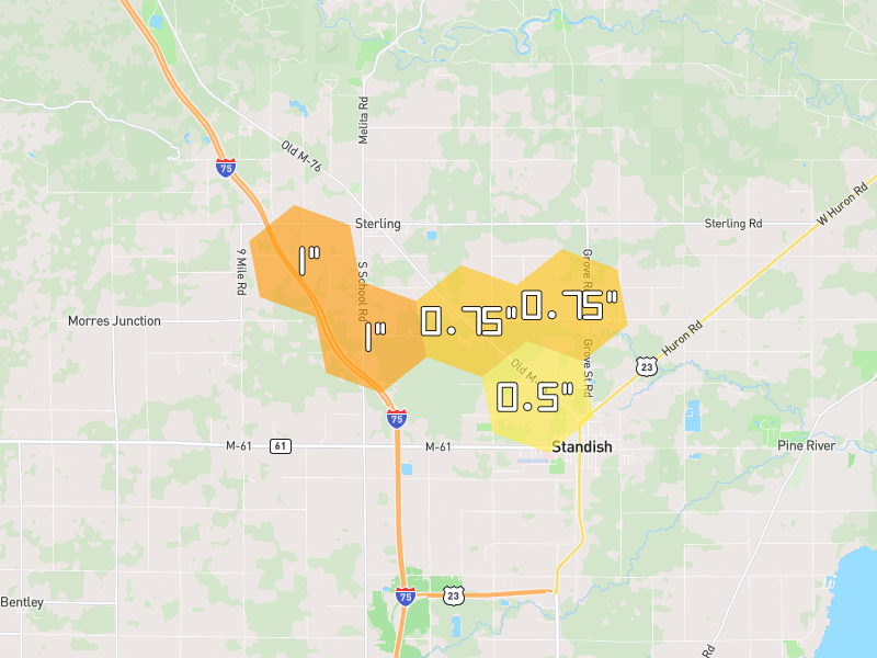 Hail map of Sterling, MI on Jul 1, 2026, hail up to 1"