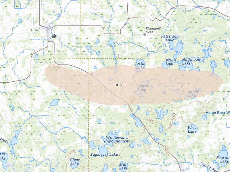 Radar-estimated hail-size map of the storm over Stockbridge, MI on Mar 30, 2026