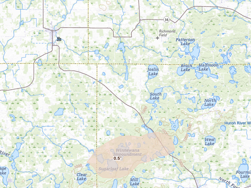 Radar-estimated hail-size map of the storm over Stockbridge, MI on Aug 22, 2026