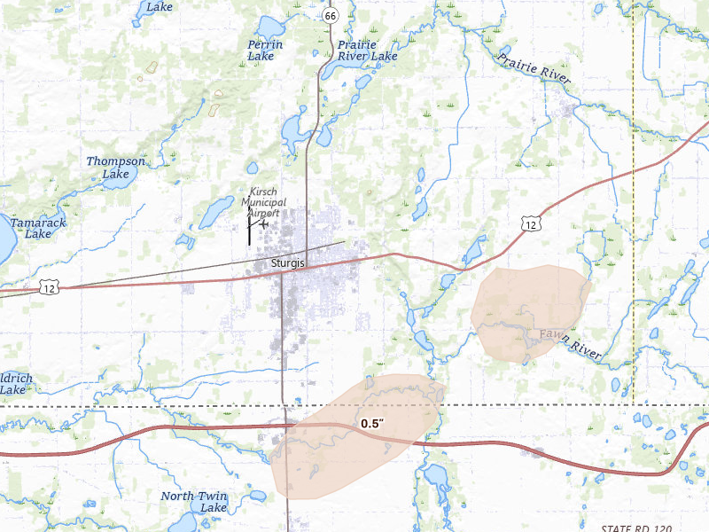 Radar-estimated hail-size map of the storm over Sturgis, MI on Apr 13, 2026