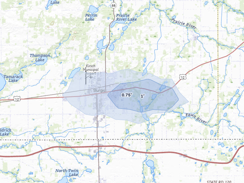 NEXRAD radar-signature map of the hail storm over Sturgis, MI on May 4, 2026
