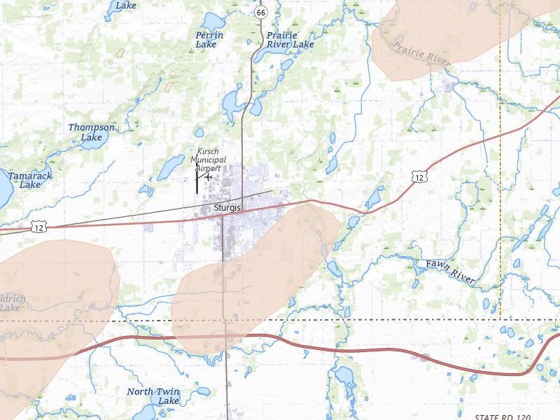Radar-estimated hail-size map of the storm over Sturgis, MI on Jun 16, 2026