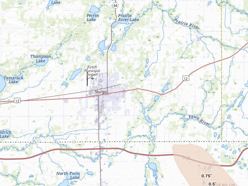 Radar-estimated hail-size map of the storm over Sturgis, MI on Jul 27, 2026