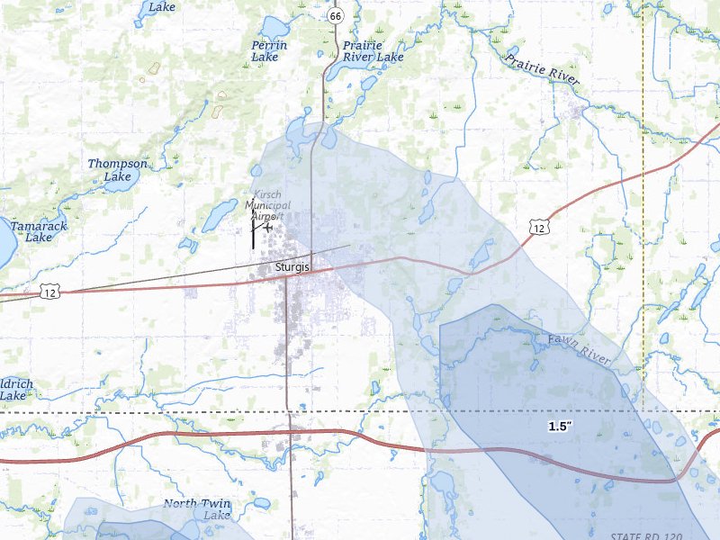 NEXRAD radar-signature map of the hail storm over Sturgis, MI on Jul 27, 2026