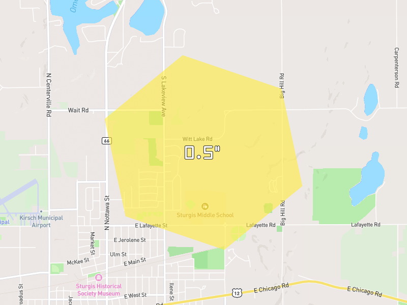 Hail map of Sturgis, MI on Jul 28, 2026, hail up to 0.5"