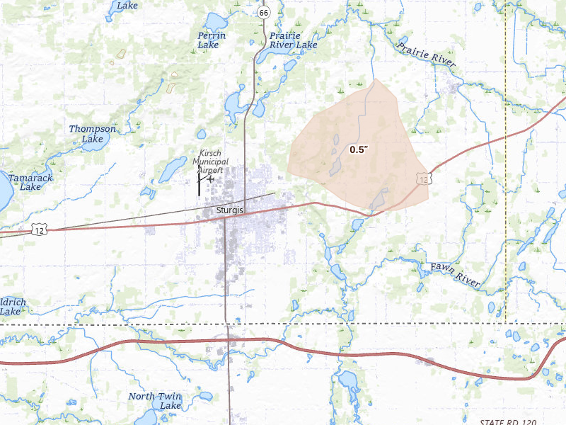 Radar-estimated hail-size map of the storm over Sturgis, MI on Sep 3, 2026