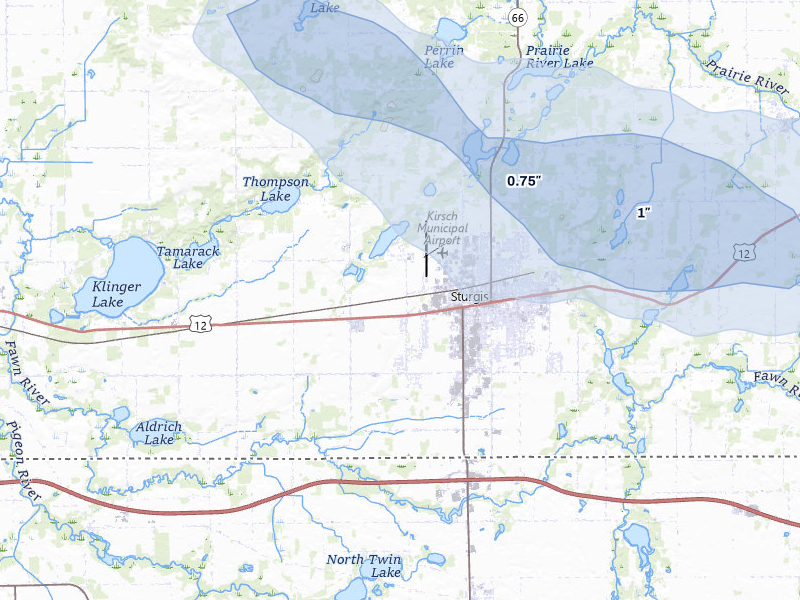 NEXRAD radar-signature map of the hail storm over Sturgis, MI on Sep 3, 2026