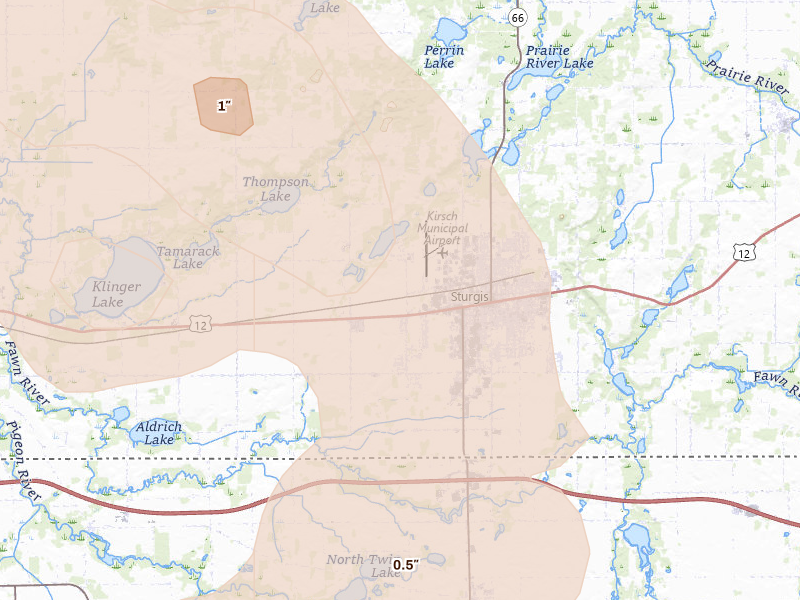 Radar-estimated hail-size map of the storm over Sturgis, MI on Sep 4, 2026