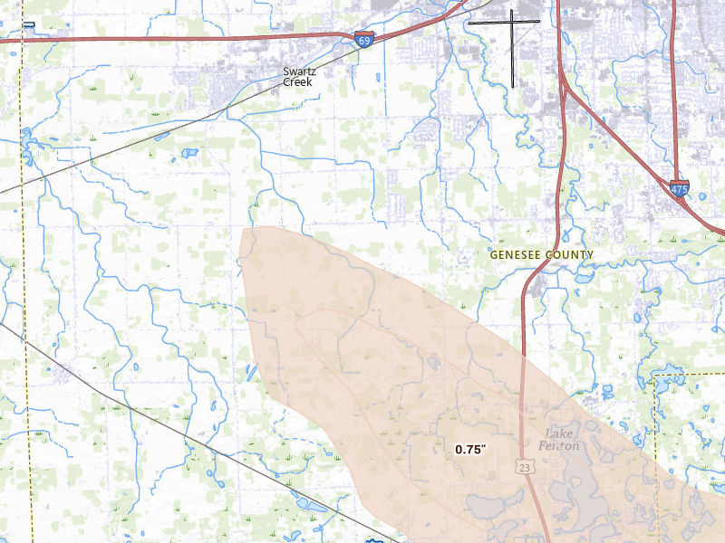Radar-estimated hail-size map of the storm over Swartz Creek, MI on Jul 15, 2026