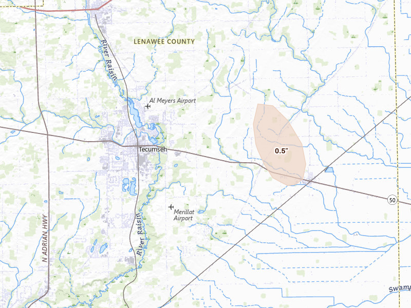 Radar-estimated hail-size map of the storm over Tecumseh, MI on Apr 22, 2026