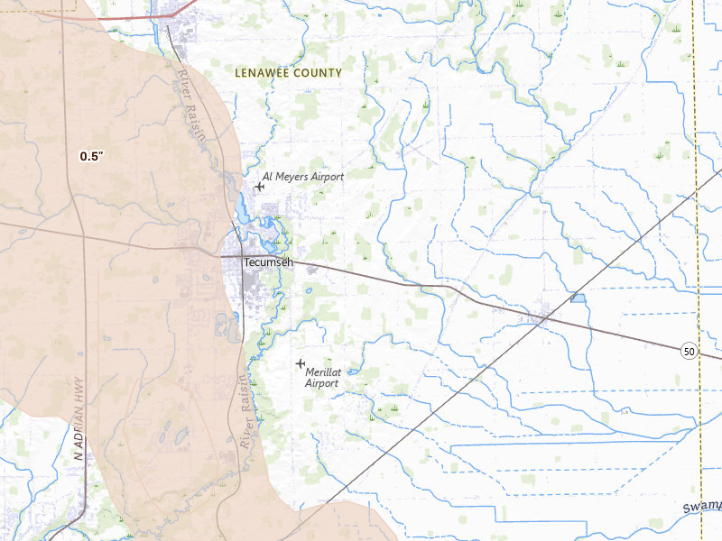Radar-estimated hail-size map of the storm over Tecumseh, MI on Jul 27, 2026