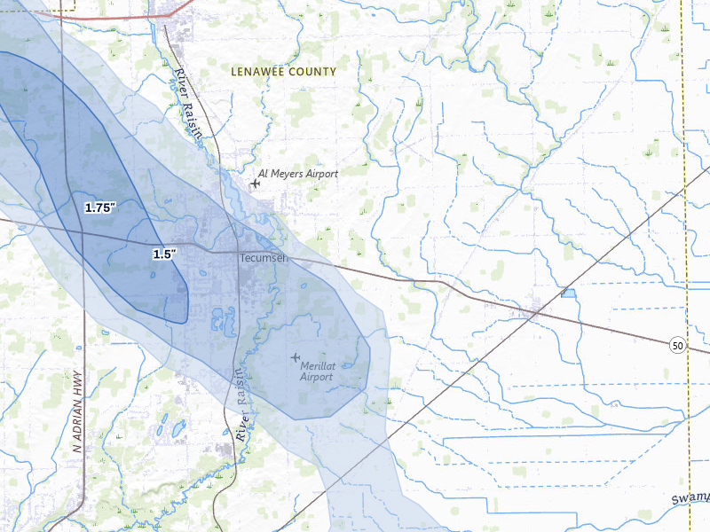 NEXRAD radar-signature map of the hail over Tecumseh, MI