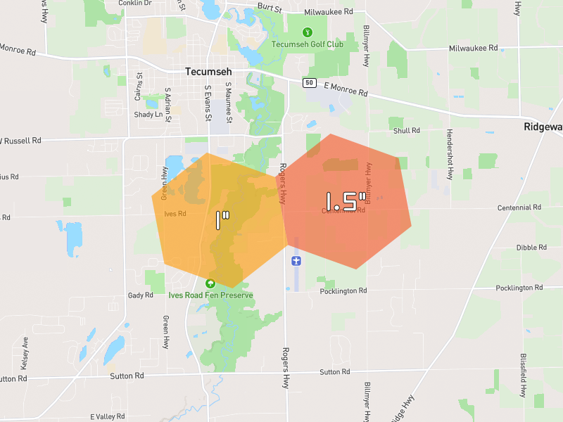 Hail map of Tecumseh, MI on Jul 28, 2026, hail up to 1.5"