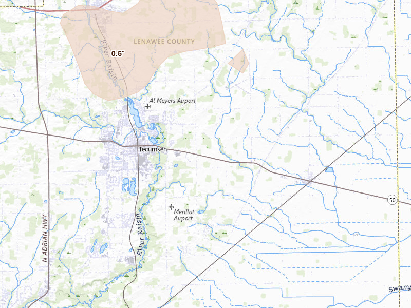 Radar-estimated hail-size map of the storm over Tecumseh, MI on Aug 9, 2026