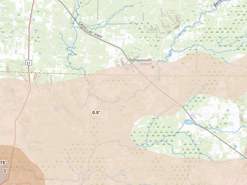 Radar-estimated hail-size map of the storm over Thompsonville, MI on Mar 30, 2026