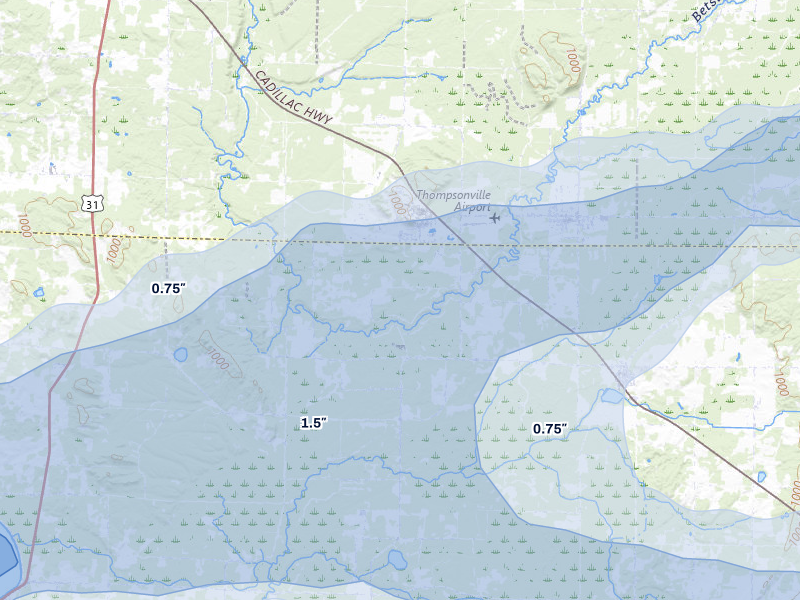 NEXRAD radar-signature map of the hail storm over Thompsonville, MI on Mar 30, 2026