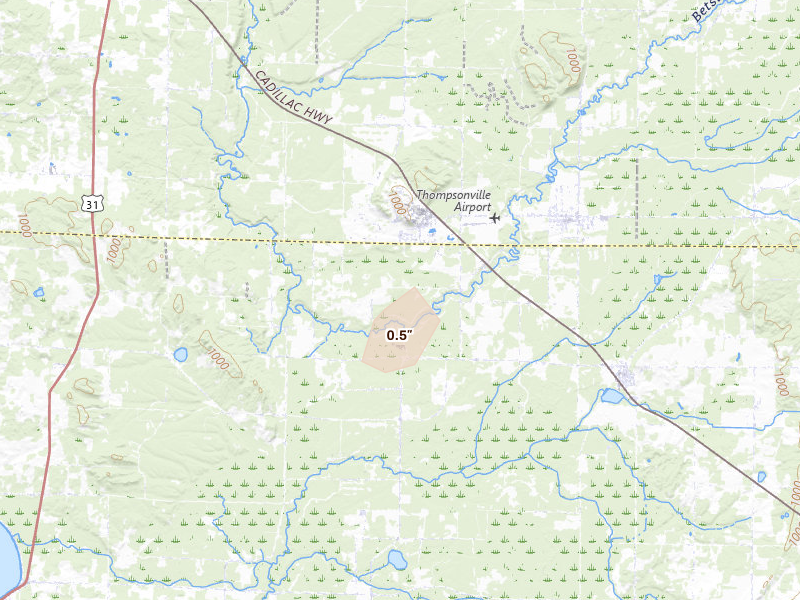 Radar-estimated hail-size map of the storm over Thompsonville, MI on May 17, 2026
