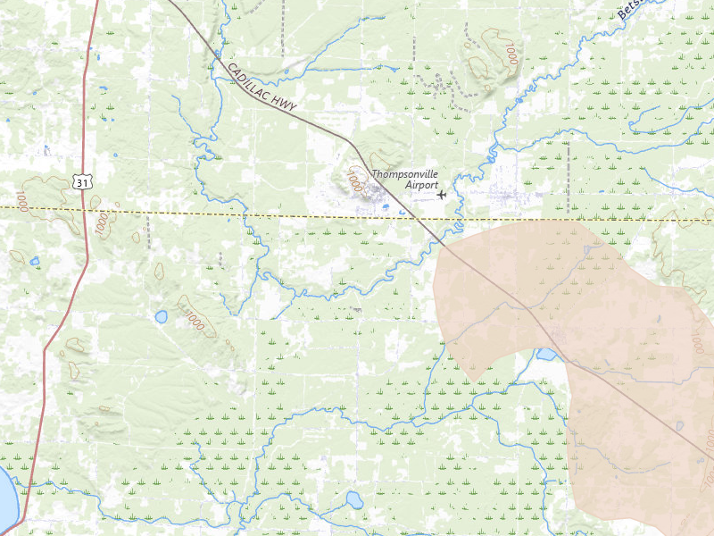 Radar-estimated hail-size map of the storm over Thompsonville, MI on Jul 20, 2026