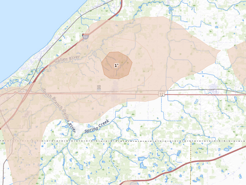 Radar-estimated hail-size map of the storm over Three Oaks, MI on Aug 9, 2026