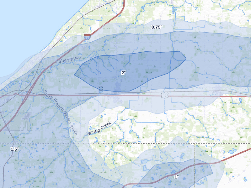 NEXRAD radar-signature map of the hail storm over Three Oaks, MI on Aug 9, 2026