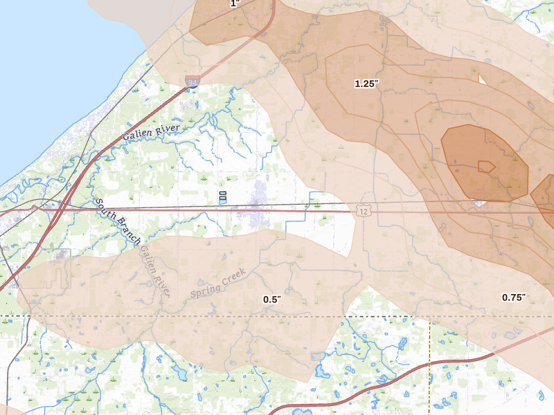 Radar-estimated hail-size map of the storm over Three Oaks, MI on Aug 10, 2026
