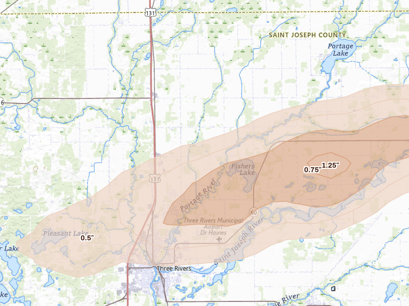 Radar-estimated hail-size map of the storm over Three Rivers, MI on Mar 6, 2026