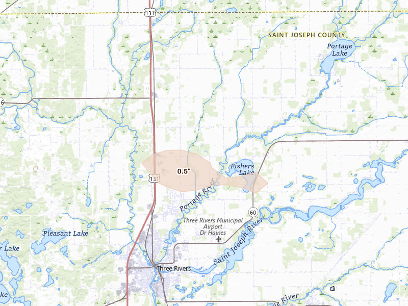 Radar-estimated hail-size map of the storm over Three Rivers, MI on Apr 22, 2026