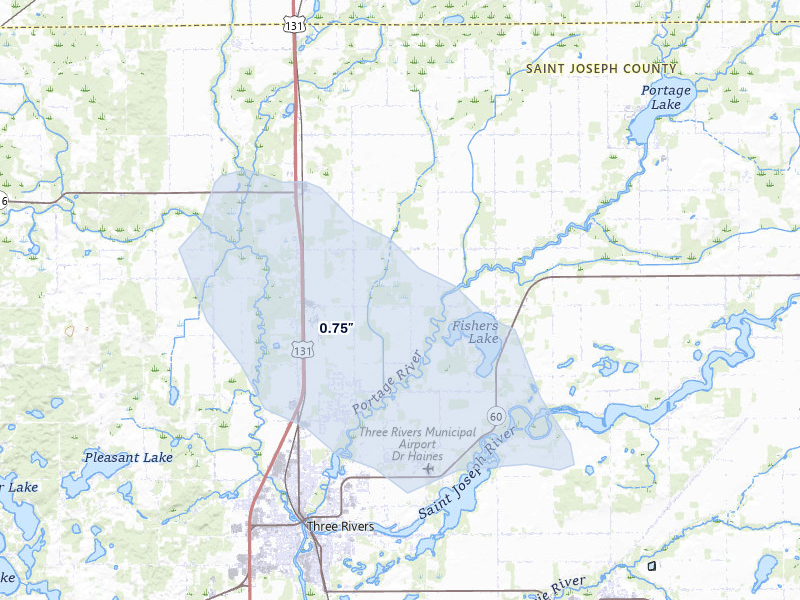 NEXRAD radar-signature map of the hail storm over Three Rivers, MI on Apr 22, 2026