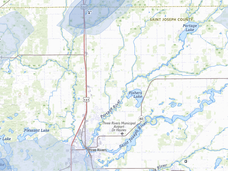 NEXRAD radar-signature map of the hail storm over Three Rivers, MI on Jul 3, 2026