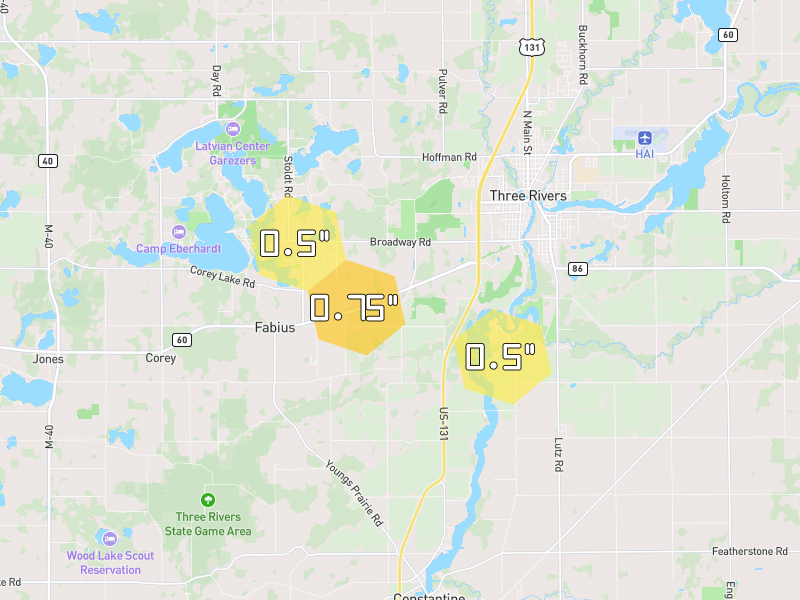 Hail map of Three Rivers, MI on Jul 3, 2026, hail up to 0.75"