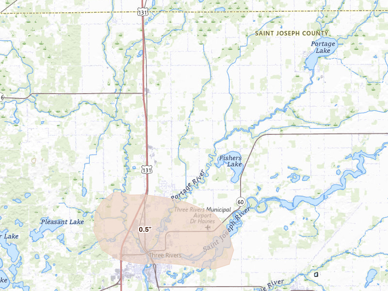 Radar-estimated hail-size map of the storm over Three Rivers, MI on Aug 10, 2026