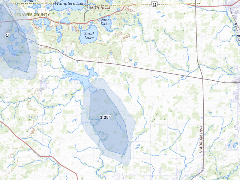 NEXRAD radar-signature map of the hail storm over Tipton, MI on Apr 22, 2026
