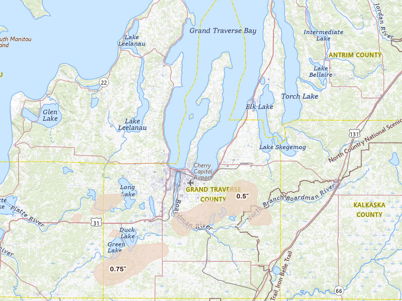 Radar-estimated hail-size map of the storm over Traverse City, MI on Jul 1, 2026