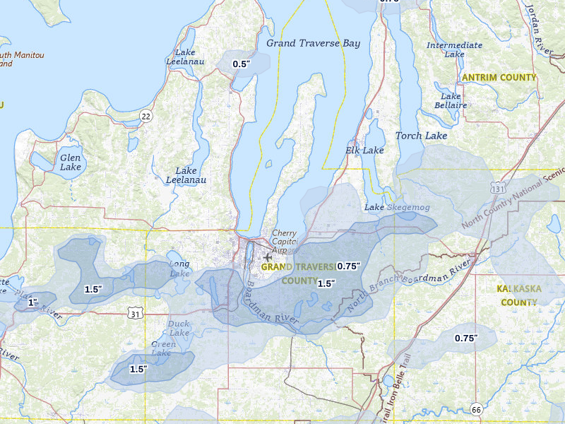 NEXRAD radar-signature map of the hail storm over Traverse City, MI on Jul 1, 2026