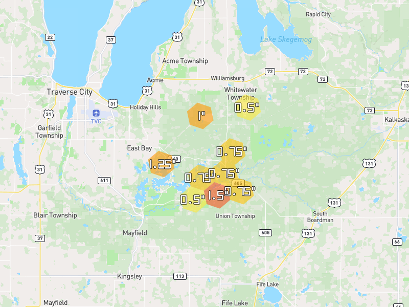 Hail map of Traverse City, MI on Jul 1, 2026, hail up to 1.5"